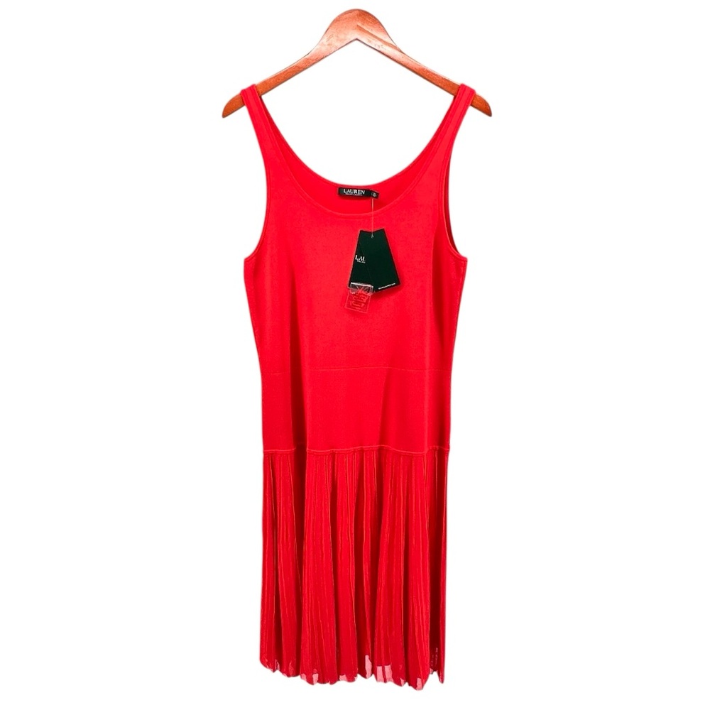 Lauren Ralph Lauren NWT Fit Flare Midi Dress L Red Orange Micro Ribbed Stretch